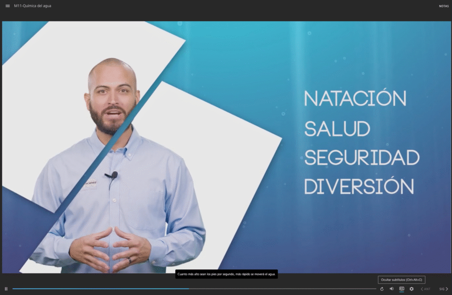 Male presenter speaks next to Spanish words for swimming, health, safety, and fun.